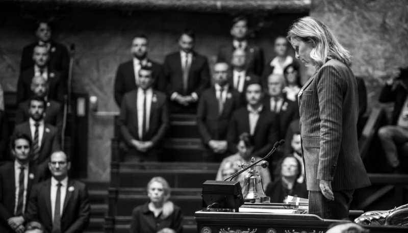 Yaël Braun-Pivet, présidente de l'Assemblée nationale française, dans l'hémicycle à Paris, le 5 novembre 2024.