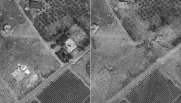 Combo d'images satellites diffusées par Maxar Technologies le 26 septembre 2024 montrant une zone au Liban avant une frappe israélienne (à gauche) et après.