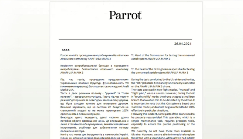 Document de Parrot en ukrainien et en anglais.