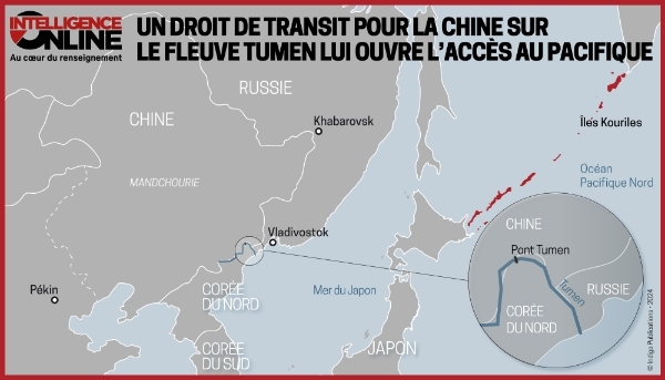 Situation des îles Kouriles et du fleuve Tumen dans la zone Indo-Pacifique (illustration).