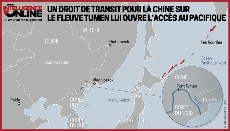 Situation des îles Kouriles et du fleuve Tumen dans la zone Indo-Pacifique (illustration).