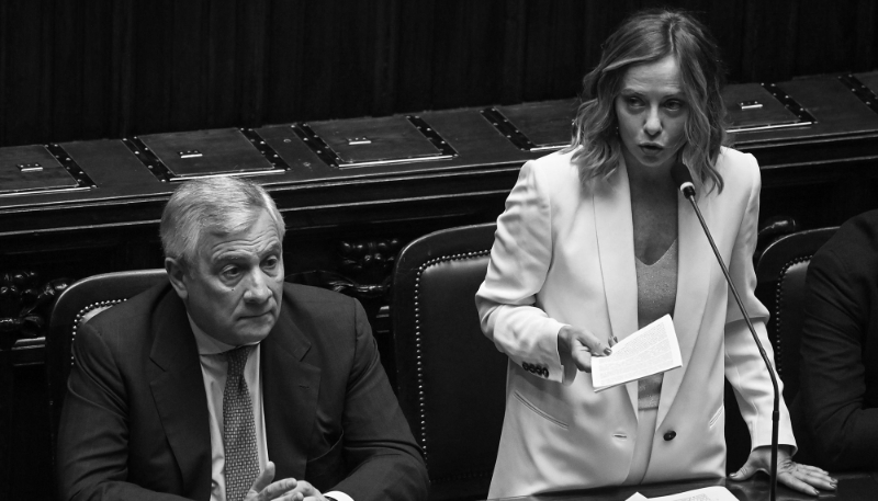 La présidente du conseil italien, Giorgia Meloni, et son ministre des affaires étrangères, Antonio Tajani (à g.), le 26 juin 2024 à Rome.